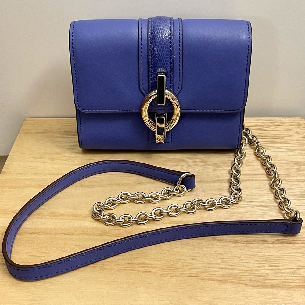 DVF Blue Leather Mini Bag w/Gold Clasp Foldover Flap + Crossbody Chain Strap
